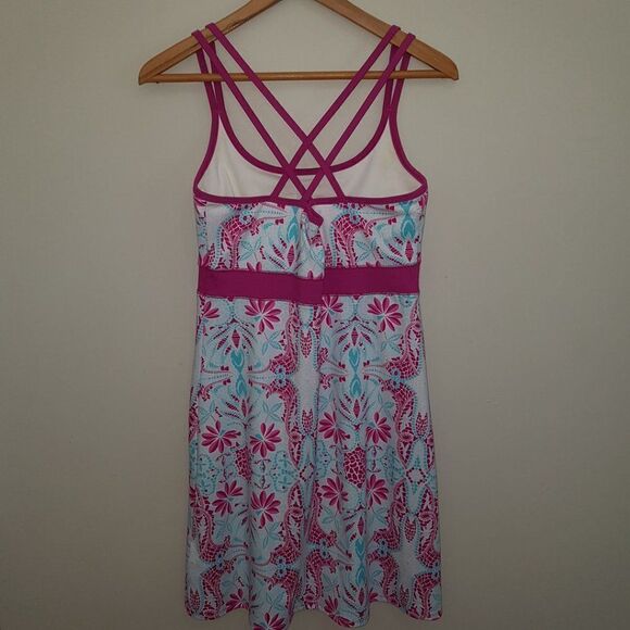 LOLA Athletic Sports Dress Fuchsia, Turquoise White Flower Pattern A-Line MEDIUM - Picture 6 of 11